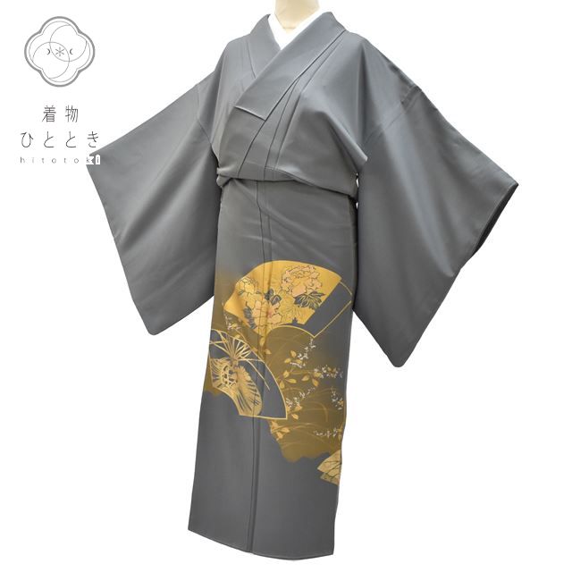 Vintage Japanese Kimono | Iro-Tomesode Kimono | Green Gray Silk Crepe | Fan Floral | Gold Foil | One Crest | Size M | Sustainable | rr2039b