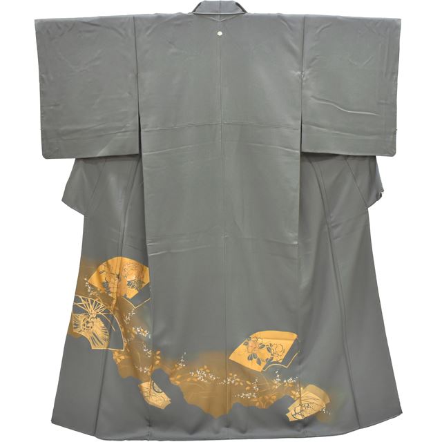 Vintage Japanese Kimono | Iro-Tomesode Kimono | Green Gray Silk Crepe | Fan Floral | Gold Foil | One Crest | Size M | Sustainable | rr2039b