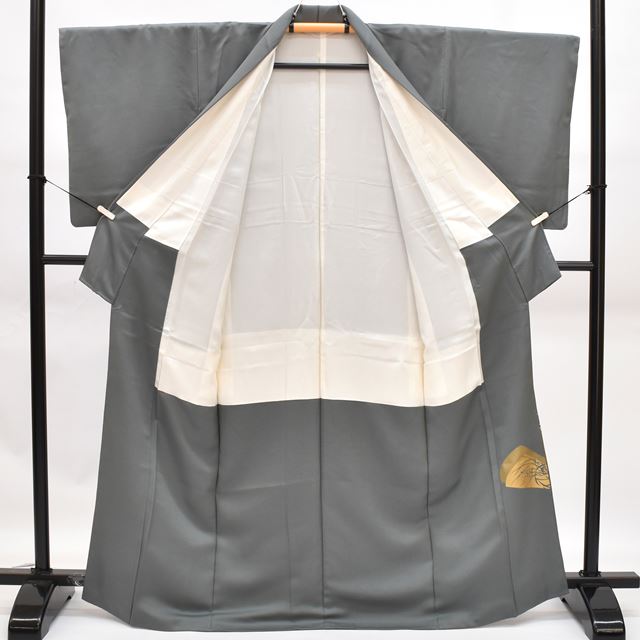 Vintage Japanese Kimono | Iro-Tomesode Kimono | Green Gray Silk Crepe | Fan Floral | Gold Foil | One Crest | Size M | Sustainable | rr2039b
