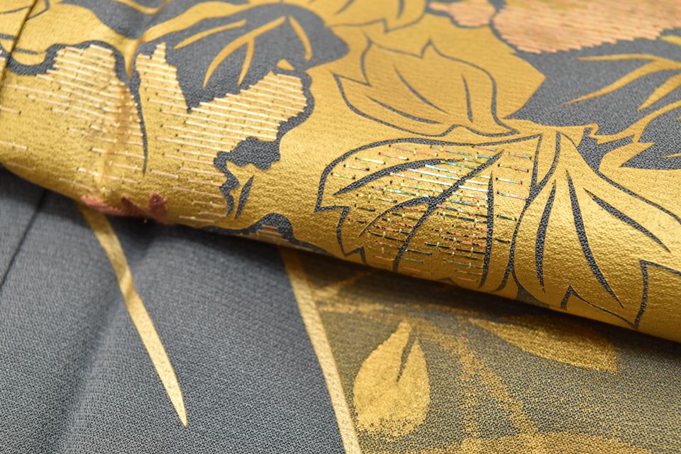 Vintage Japanese Kimono | Iro-Tomesode Kimono | Green Gray Silk Crepe | Fan Floral | Gold Foil | One Crest | Size M | Sustainable | rr2039b