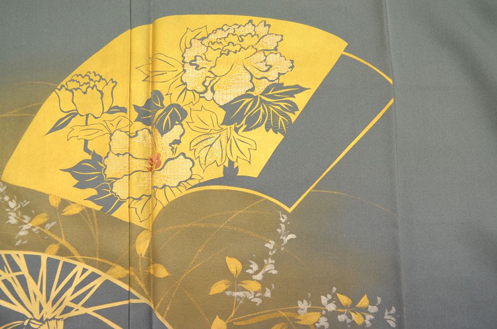 Vintage Japanese Kimono | Iro-Tomesode Kimono | Green Gray Silk Crepe | Fan Floral | Gold Foil | One Crest | Size M | Sustainable | rr2039b