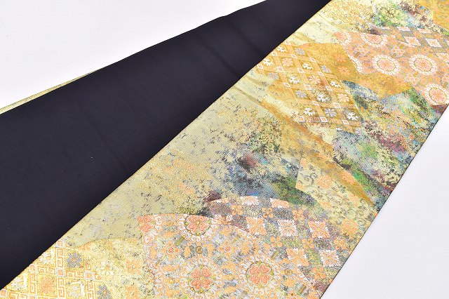 Vintage Japanese Obi | Fukuro Obi | Gold Silk | Fan Paper Floral | Hikihaku Weave | Formal | Excellent | Sustainable | rr2077b