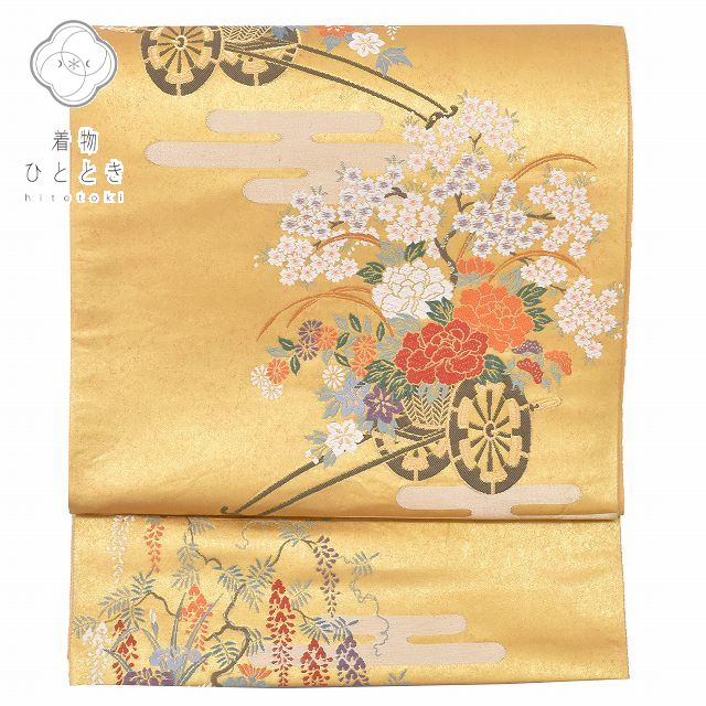 Vintage Japanese Obi | Fukuro Obi | Gold Silk | Flower Cart Pattern | Hikihaku Kara-ori | Formal | Sustainable | rr2096b