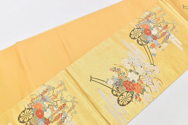 Vintage Japanese Obi | Fukuro Obi | Gold Silk | Flower Cart Pattern | Hikihaku Kara-ori | Formal | Sustainable | rr2096b