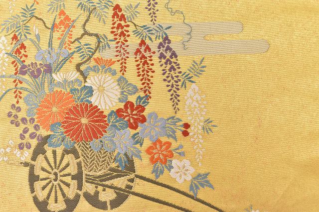 Vintage Japanese Obi | Fukuro Obi | Gold Silk | Flower Cart Pattern | Hikihaku Kara-ori | Formal | Sustainable | rr2096b