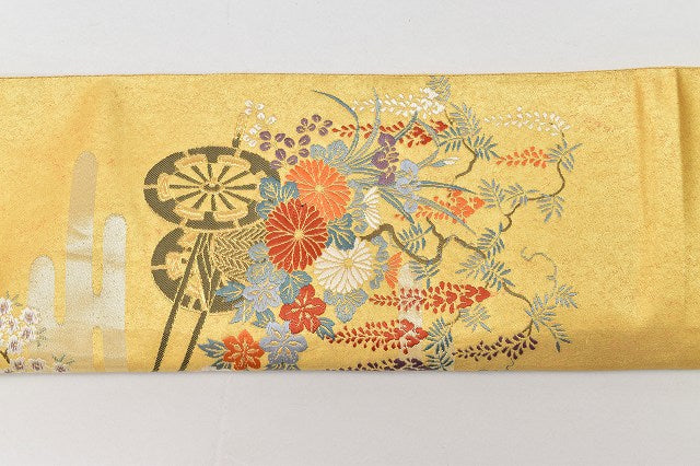 Vintage Japanese Obi | Fukuro Obi | Gold Silk | Flower Cart Pattern | Hikihaku Kara-ori | Formal | Sustainable | rr2096b