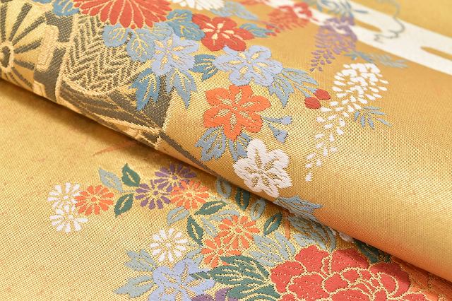 Vintage Japanese Obi | Fukuro Obi | Gold Silk | Flower Cart Pattern | Hikihaku Kara-ori | Formal | Sustainable | rr2096b