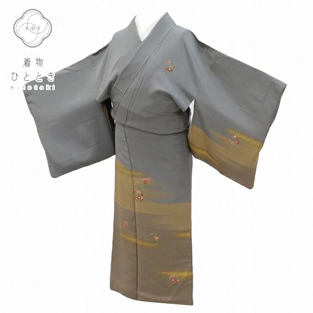 Vintage Japanese Kimono | Houmongi Kimono | Dark Gray Silk | Kasumi Floral Circle | One Crest | Size SS-L | Sustainable | rr2147b