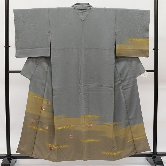 Vintage Japanese Kimono | Houmongi Kimono | Dark Gray Silk | Kasumi Floral Circle | One Crest | Size SS-L | Sustainable | rr2147b