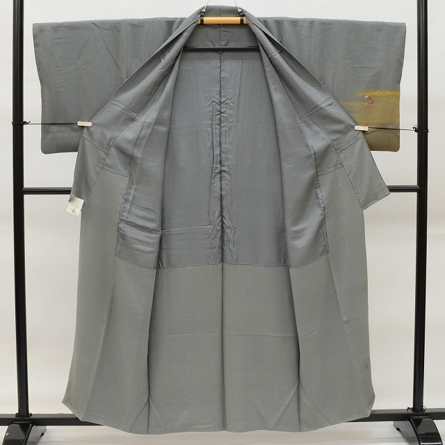 Vintage Japanese Kimono | Houmongi Kimono | Dark Gray Silk | Kasumi Floral Circle | One Crest | Size SS-L | Sustainable | rr2147b