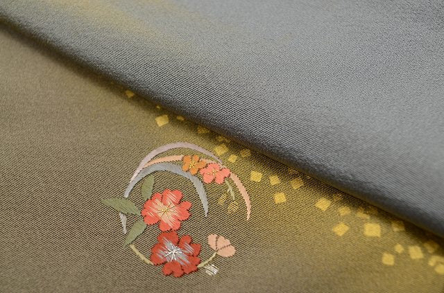 Vintage Japanese Kimono | Houmongi Kimono | Dark Gray Silk | Kasumi Floral Circle | One Crest | Size SS-L | Sustainable | rr2147b