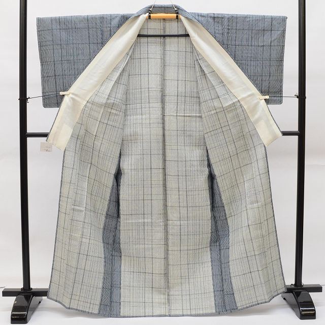 Vintage Japanese Kimono | Tsumugi Kimono | White Navy Silk | Stripe Lattice Pattern | Handwoven | Unused | Unlined | Sustainable | rr2201b