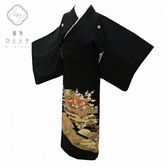 Vintage Japanese Kimono | Black Tomesode Kimono | Silk | Three Family Crests | Fan Paper Crane | Gold Embroidery | Sustainable | rr2217b