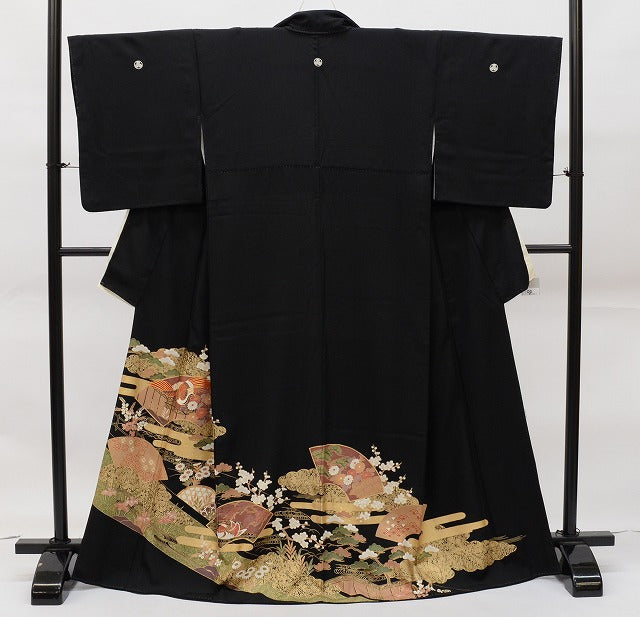 Vintage Japanese Kimono | Black Tomesode Kimono | Silk | Three Family Crests | Fan Paper Crane | Gold Embroidery | Sustainable | rr2217b