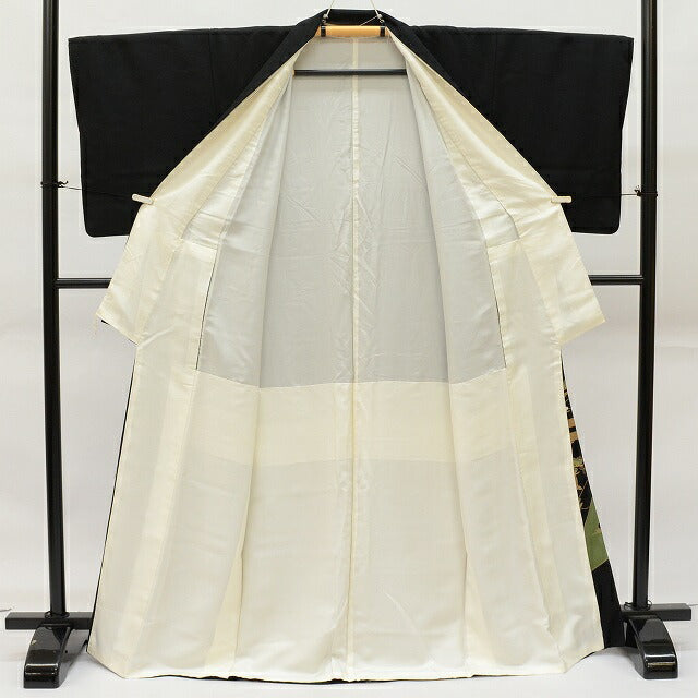 Vintage Japanese Kimono | Black Tomesode Kimono | Silk | Three Family Crests | Fan Paper Crane | Gold Embroidery | Sustainable | rr2217b