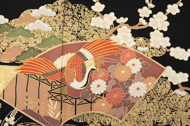 Vintage Japanese Kimono | Black Tomesode Kimono | Silk | Three Family Crests | Fan Paper Crane | Gold Embroidery | Sustainable | rr2217b