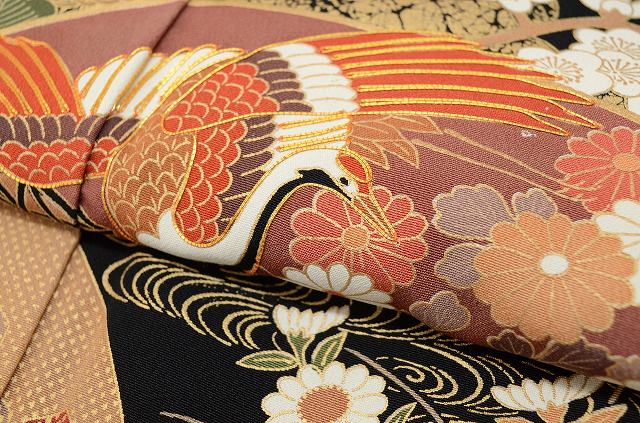 Vintage Japanese Kimono | Black Tomesode Kimono | Silk | Three Family Crests | Fan Paper Crane | Gold Embroidery | Sustainable | rr2217b