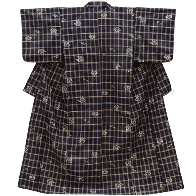 Vintage Japanese Kimono | Tsumugi | Navy Silk | Lattice Pattern | Unlined | Size M | Sustainable | ss0006b