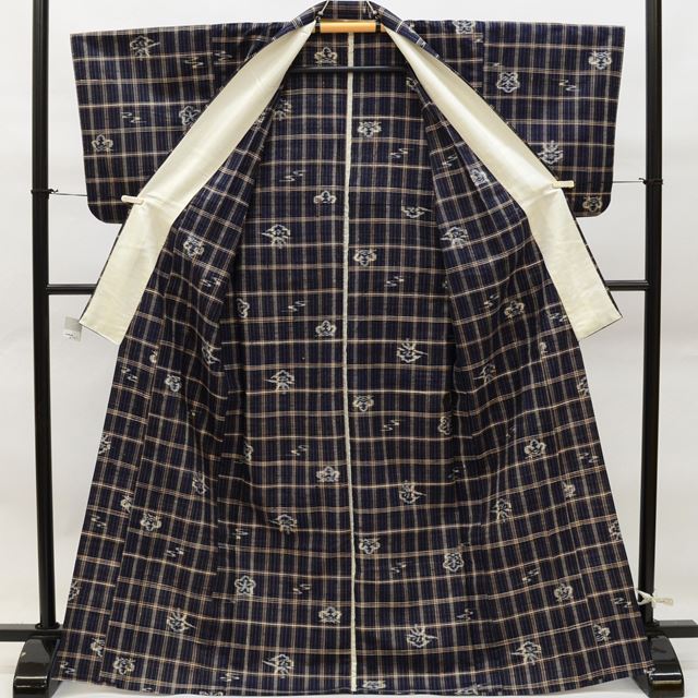 Vintage Japanese Kimono | Tsumugi | Navy Silk | Lattice Pattern | Unlined | Size M | Sustainable | ss0006b
