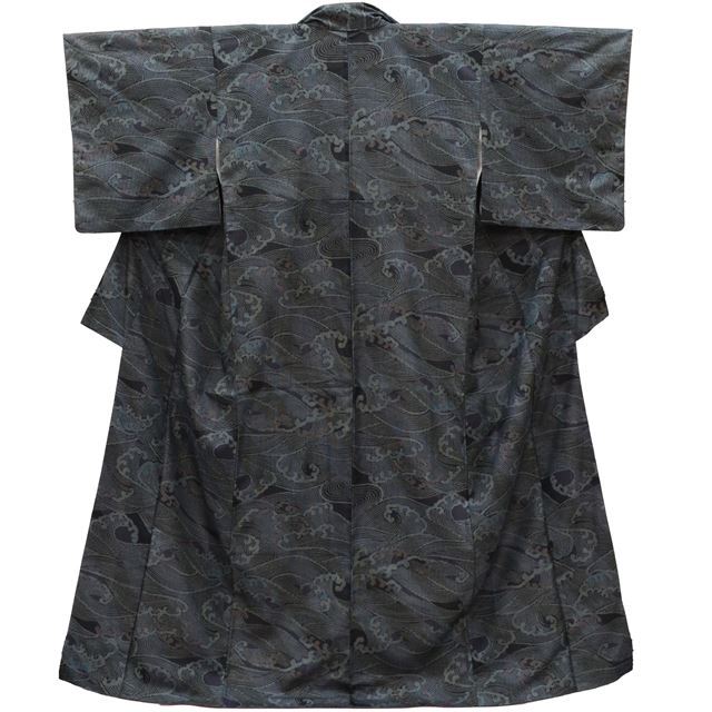 Vintage Japanese Kimono | Oshima Tsumugi | Black Silk | Wave Pattern | Excellent | Size M | Sustainable | ss0022b