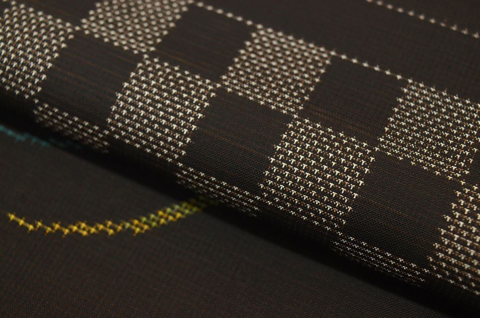 Vintage Japanese Kimono | Oshima Tsumugi | Dark Brown Silk | Checkerboard | Mud-dyed | 7-thread | Kata-su | Size L | Sustainable | ss0048b