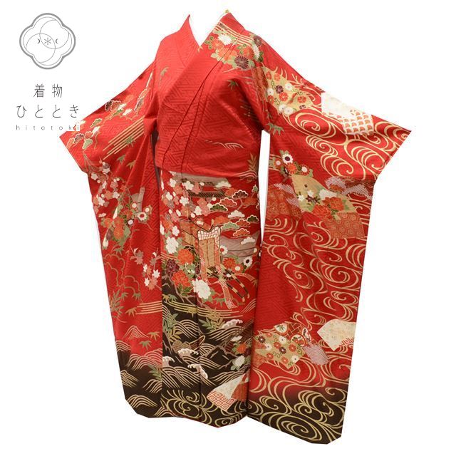 Vintage Japanese Kimono | Furisode | Red Silk | Kanze-mizu Court Carriage | Retro | Size L | Sustainable | ss0053b