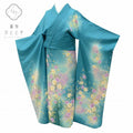 Vintage Japanese Kimono | Furisode & Nagajuban Set | Blue Silk | Floral | Size L | Sustainable | ss0056b