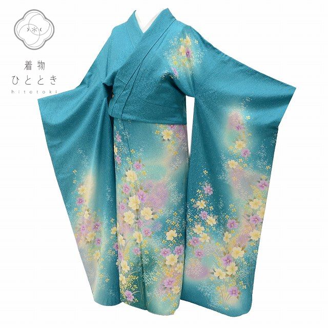Vintage Japanese Kimono | Furisode & Nagajuban Set | Blue Silk | Floral | Size L | Sustainable | ss0056b