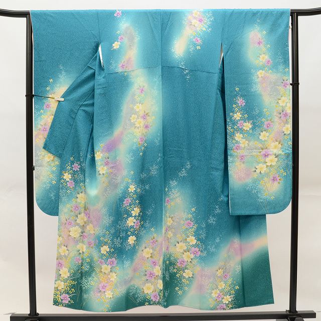 Vintage Japanese Kimono | Furisode & Nagajuban Set | Blue Silk | Floral | Size L | Sustainable | ss0056b