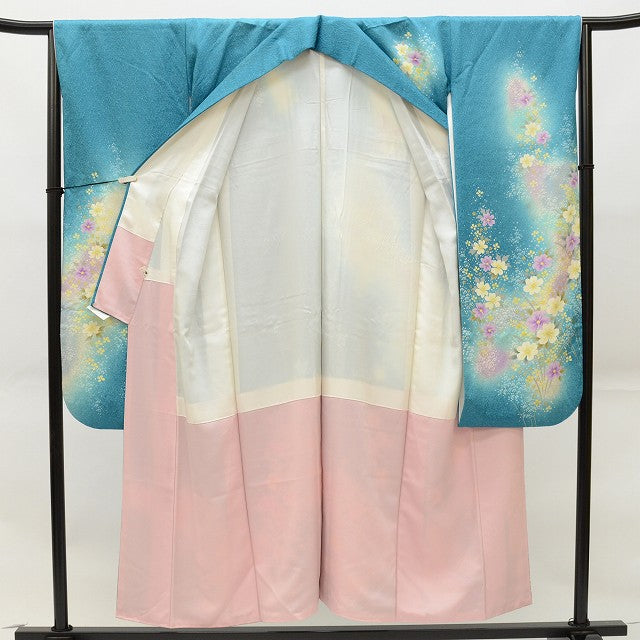 Vintage Japanese Kimono | Furisode & Nagajuban Set | Blue Silk | Floral | Size L | Sustainable | ss0056b