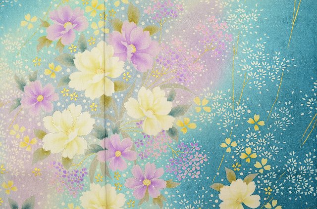 Vintage Japanese Kimono | Furisode & Nagajuban Set | Blue Silk | Floral | Size L | Sustainable | ss0056b