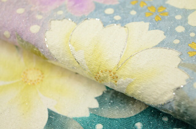 Vintage Japanese Kimono | Furisode & Nagajuban Set | Blue Silk | Floral | Size L | Sustainable | ss0056b