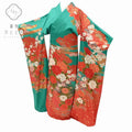 Vintage Japanese Kimono | Furisode | Green Silk | Four-season Floral | Gold Foil | Tall Size LL | Sustainable | ss0102b