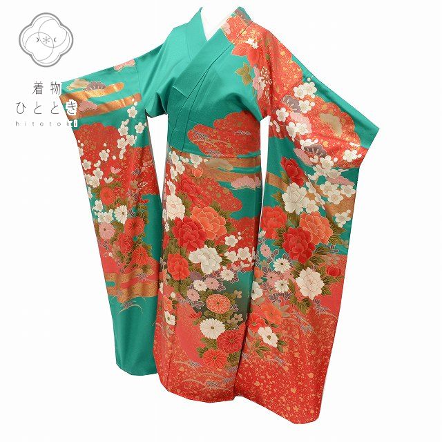Vintage Japanese Kimono | Furisode | Green Silk | Four-season Floral | Gold Foil | Tall Size LL | Sustainable | ss0102b