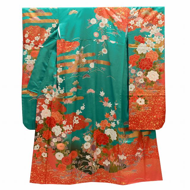 Vintage Japanese Kimono | Furisode | Green Silk | Four-season Floral | Gold Foil | Tall Size LL | Sustainable | ss0102b
