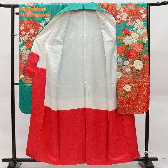 Vintage Japanese Kimono | Furisode | Green Silk | Four-season Floral | Gold Foil | Tall Size LL | Sustainable | ss0102b