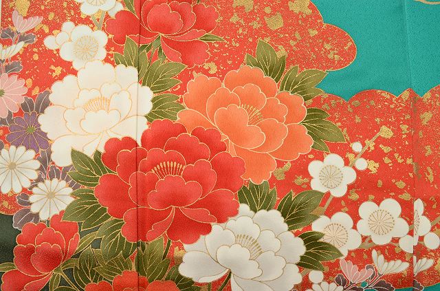 Vintage Japanese Kimono | Furisode | Green Silk | Four-season Floral | Gold Foil | Tall Size LL | Sustainable | ss0102b