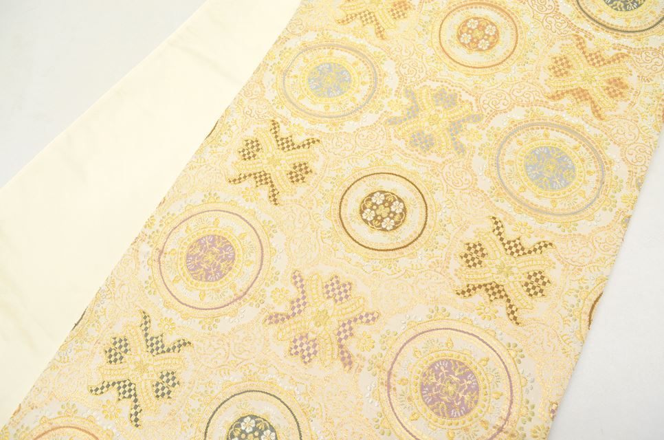 Vintage Japanese Obi | Fukuro Obi | Cream Silk | Raden Shell Pattern | Hand-woven | Full-length | Excellent | Sustainable | ss0116b