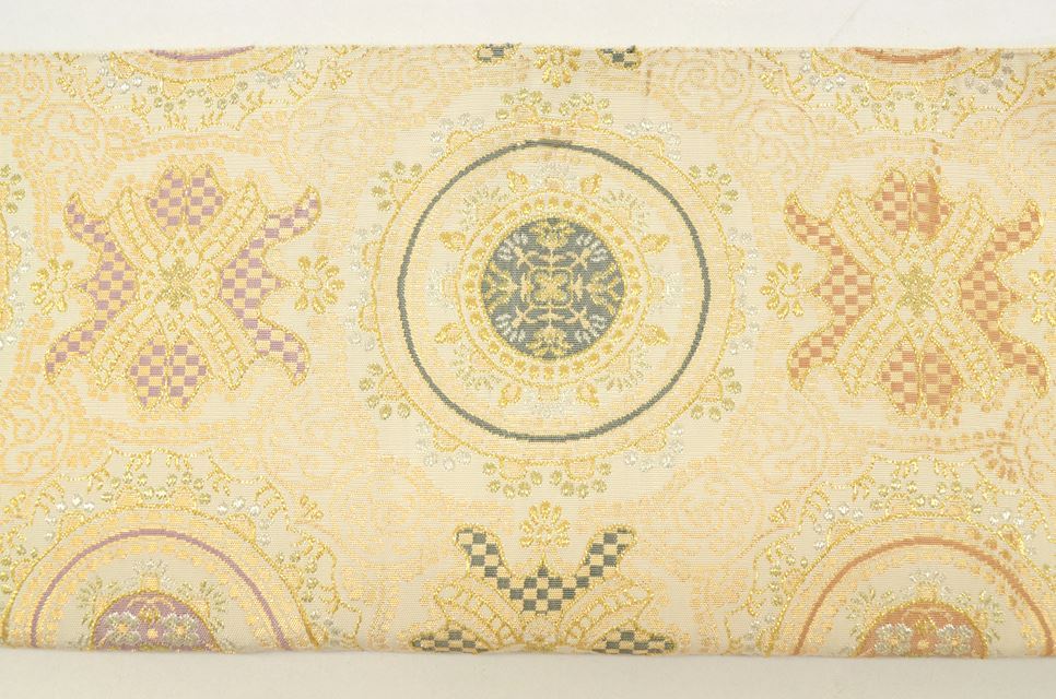 Vintage Japanese Obi | Fukuro Obi | Cream Silk | Raden Shell Pattern | Hand-woven | Full-length | Excellent | Sustainable | ss0116b