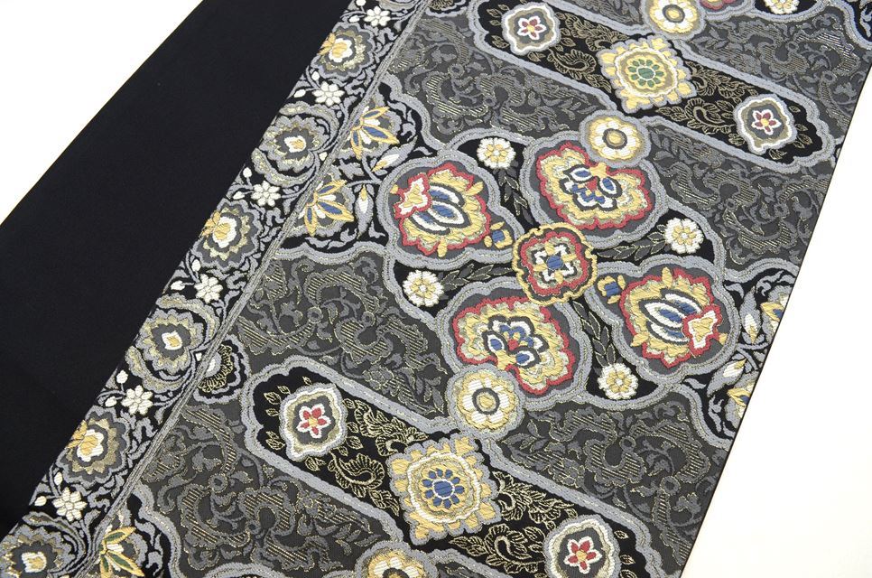 Vintage Japanese Obi | Fukuro Obi | Black Silk | Floral Pattern | Platinum Foil | Mitsumatsuri Workshop | Six-width | Sustainable | ss0120b