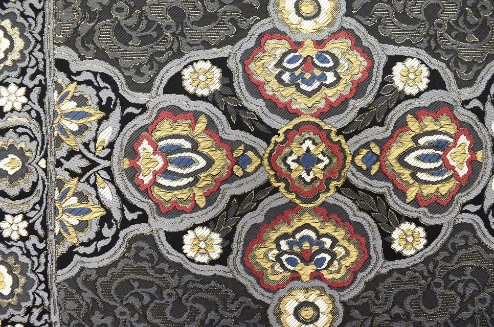Vintage Japanese Obi | Fukuro Obi | Black Silk | Floral Pattern | Platinum Foil | Mitsumatsuri Workshop | Six-width | Sustainable | ss0120b