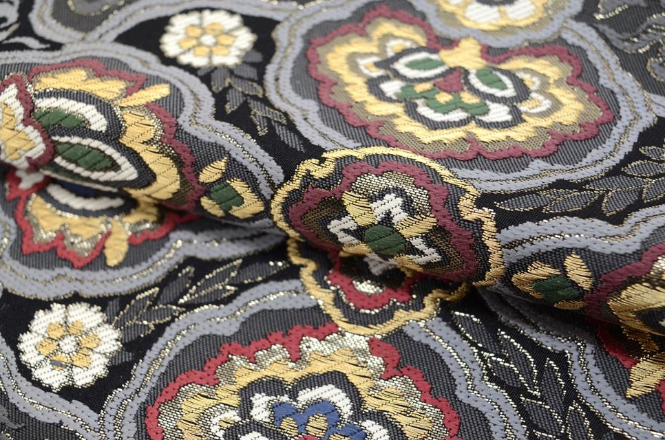 Vintage Japanese Obi | Fukuro Obi | Black Silk | Floral Pattern | Platinum Foil | Mitsumatsuri Workshop | Six-width | Sustainable | ss0120b