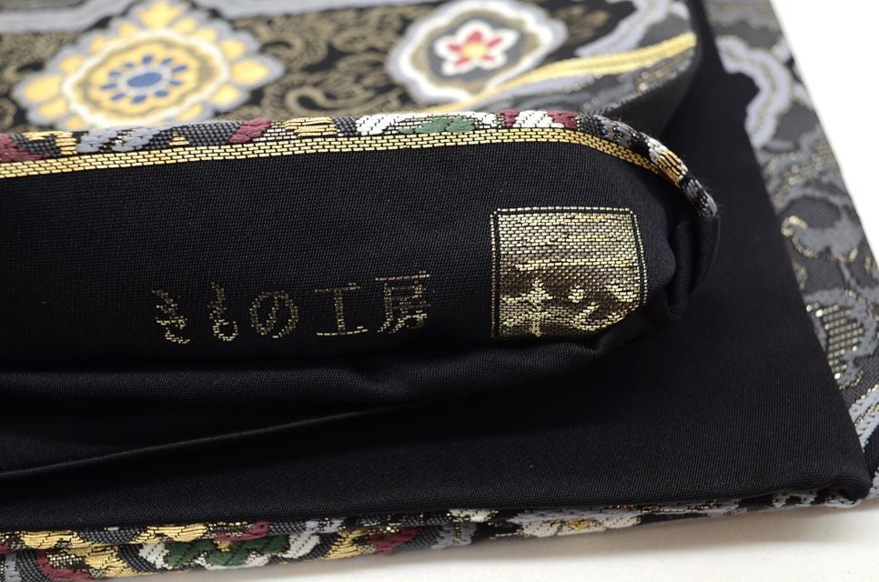 Vintage Japanese Obi | Fukuro Obi | Black Silk | Floral Pattern | Platinum Foil | Mitsumatsuri Workshop | Six-width | Sustainable | ss0120b
