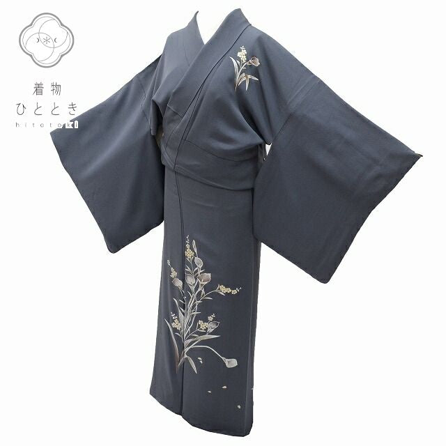 Vintage Japanese Kimono | Tsukesage | Gray Purple Silk Crepe | Color Pattern | Silver Foil | Size L | Sustainable | ss0124b
