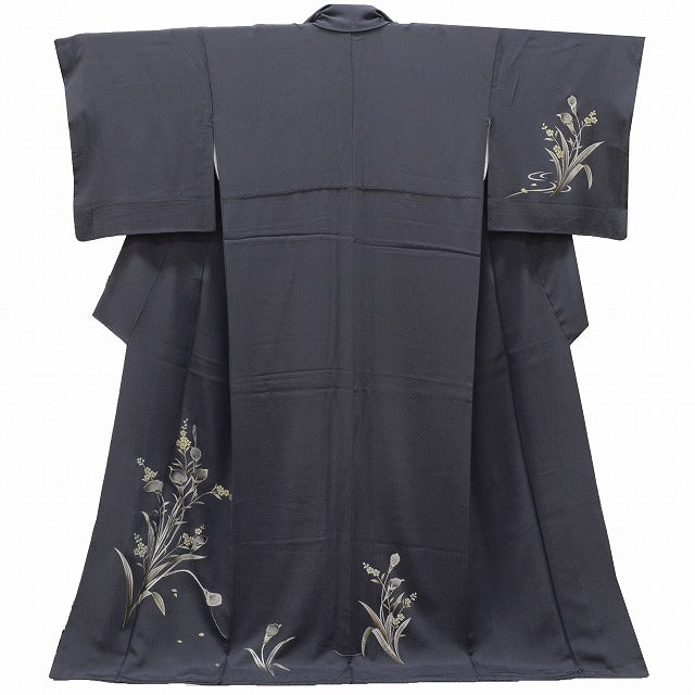 Vintage Japanese Kimono | Tsukesage | Gray Purple Silk Crepe | Color Pattern | Silver Foil | Size L | Sustainable | ss0124b
