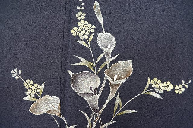 Vintage Japanese Kimono | Tsukesage | Gray Purple Silk Crepe | Color Pattern | Silver Foil | Size L | Sustainable | ss0124b