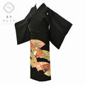 Vintage Japanese Kimono | Kuro-Tomesode | Black Silk | Four-season Floral Paper Fan | Five Crests | Gold Embroidery | Sustainable | ss0125b