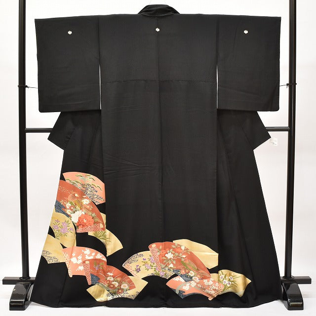 Vintage Japanese Kimono | Kuro-Tomesode | Black Silk | Four-season Floral Paper Fan | Five Crests | Gold Embroidery | Sustainable | ss0125b
