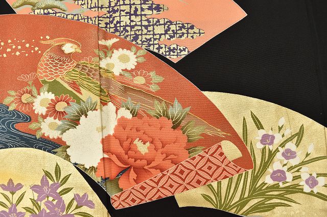 Vintage Japanese Kimono | Kuro-Tomesode | Black Silk | Four-season Floral Paper Fan | Five Crests | Gold Embroidery | Sustainable | ss0125b