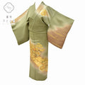 Vintage Japanese Kimono | Houmongi | Green Silk | Katarinsha Wheel Pattern | Gold Foil | Size M | Sustainable | ss0126b